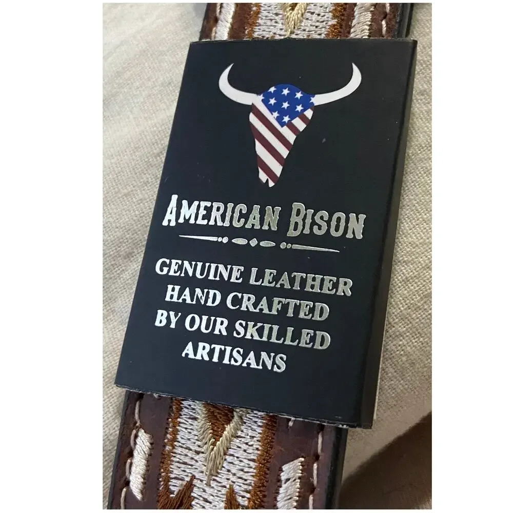New Western American Bison Leather Belt 30-32 India Embroidered Cowboy Native